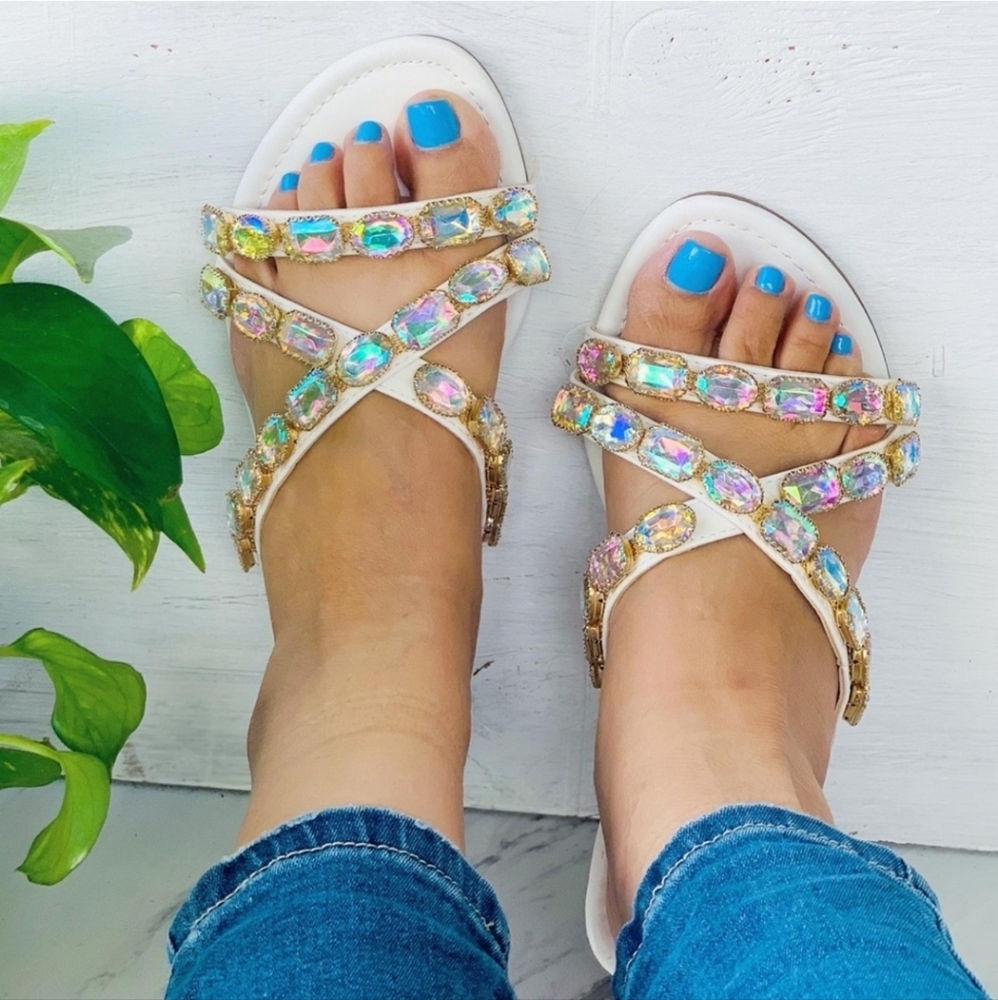 Iridescent Jewel Stone & Gold Cross Strappy Sandals EUR39